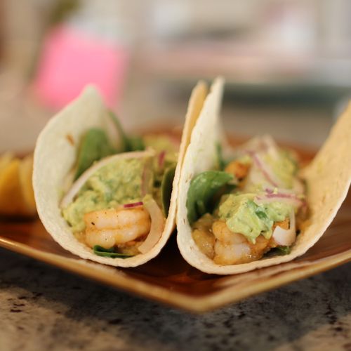 Shrimp Tacos with Pickled Peach Chutney and Avocad