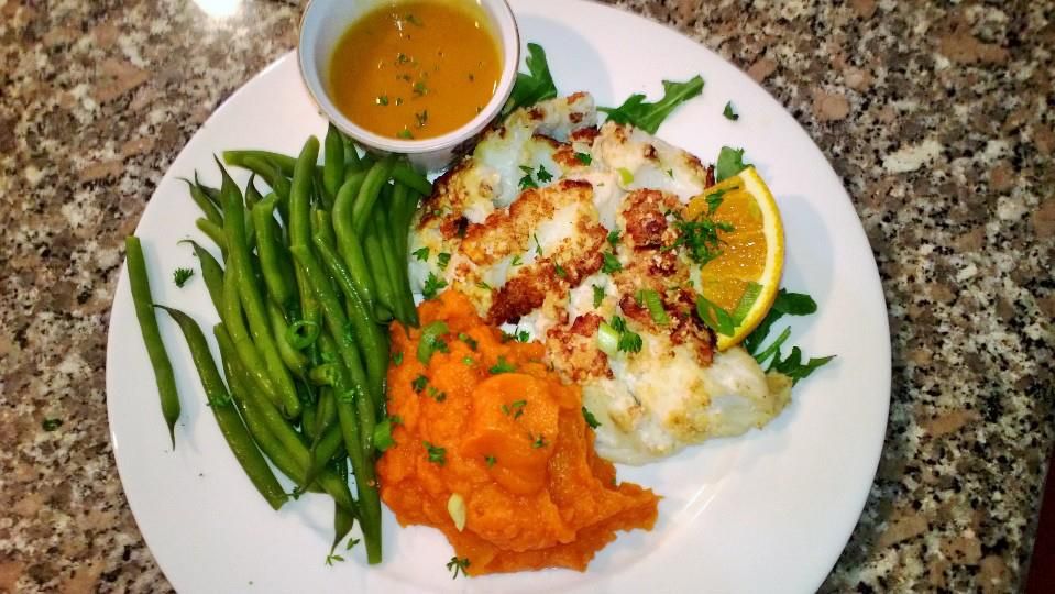 Fresh and local baked cod with ginger-orange sauce