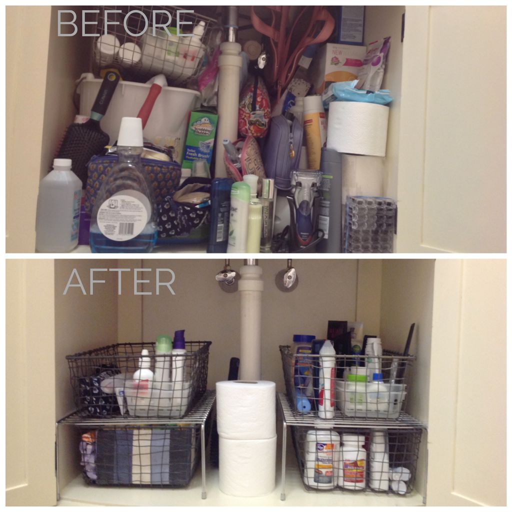With a combination of added bathroom shelving, re-