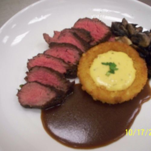 Sliced Beef Tenderloin with Onion Ring and Duet of