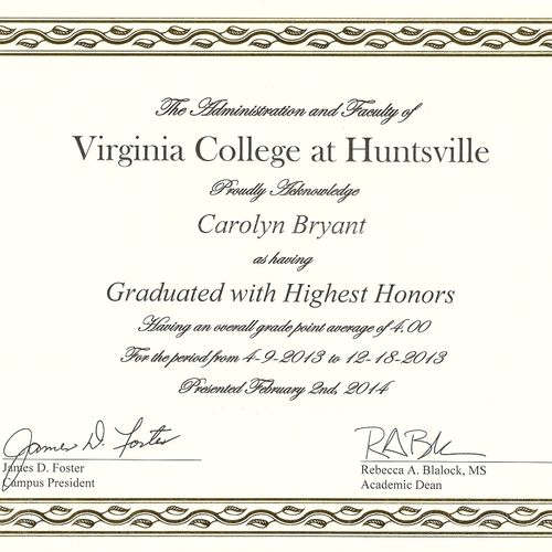 Highest Honors from Virginia College