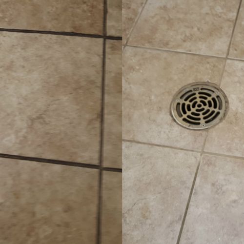 Before and after picture of ceramic tile flooring.
