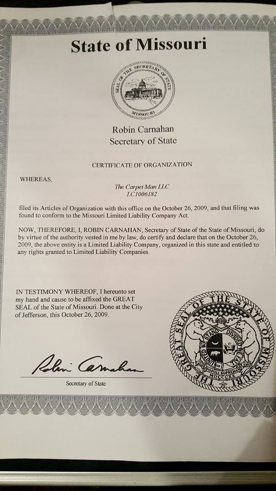 STATE OF MISSOURI
CERTIFICATE OF ORGANIZATION