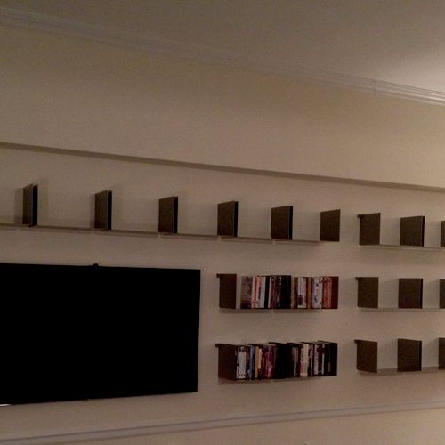 Bookshelves and TV mounted on masonry wall.