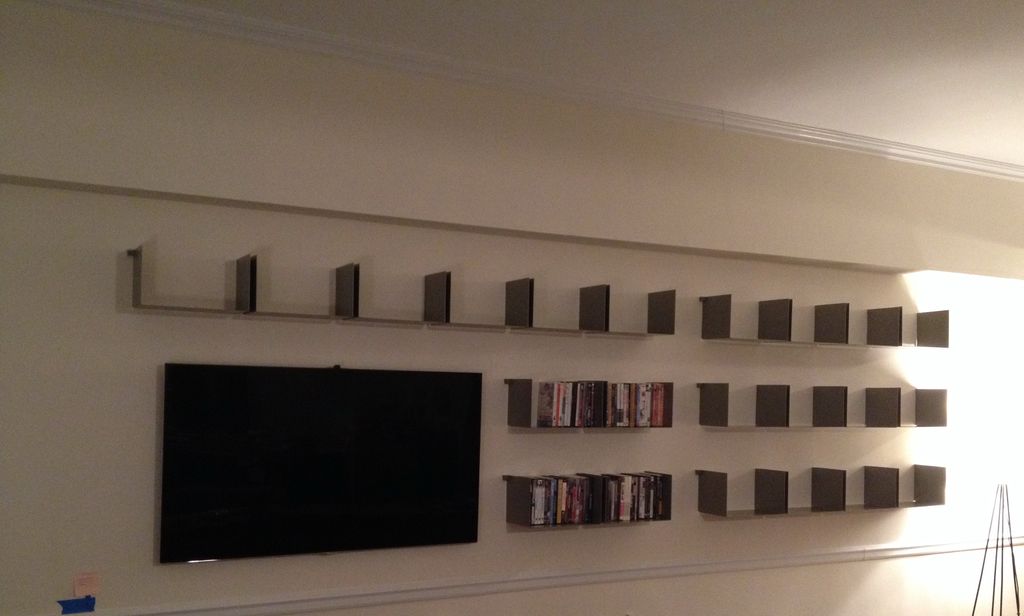 Bookshelves and TV mounted on masonry wall.