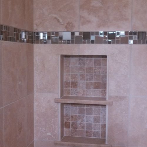 Shower tile with soap holder/washcloth rung and de