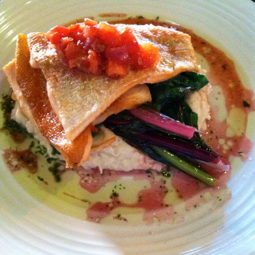 Red snapper with swiss chard, cauliflower puree, a