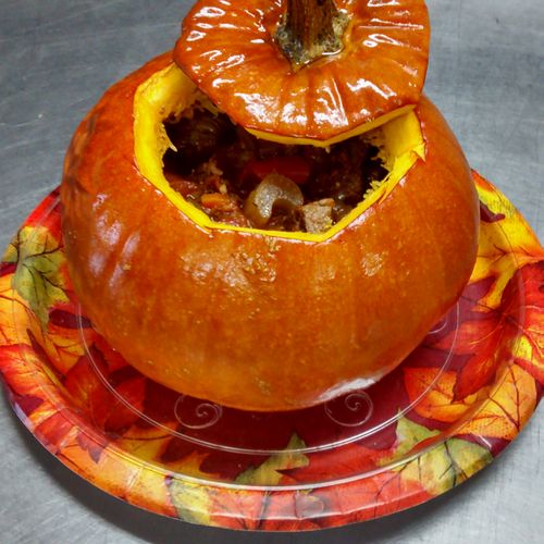 Beef stew in a pumpkin! Perfect for a small group 