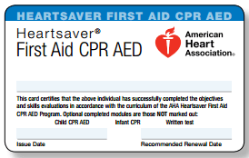 Sample First Aid, CPR, AED card you will receive i