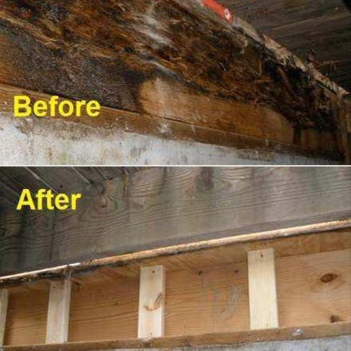 Before and after pictures depicting dry rot repair