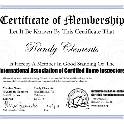 Certificate of Membership for InterNACHI, a Profes