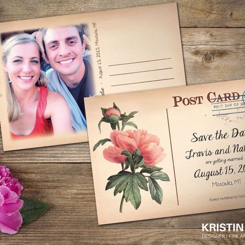 Custom vintage inspired Save the Dates. Double sid
