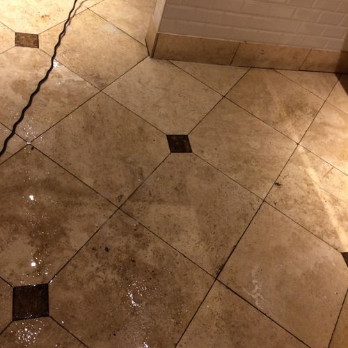 Heavily Stained and Etched Marble Tile - BEFORE