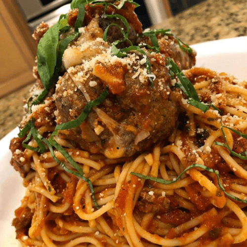 Mozzarella Stuffed Meatballs + Spaghetti