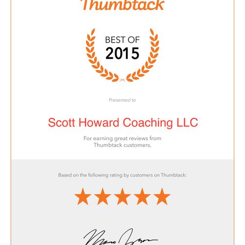 THANK YOU!  Thumbtack recognized Scott Howard Coac