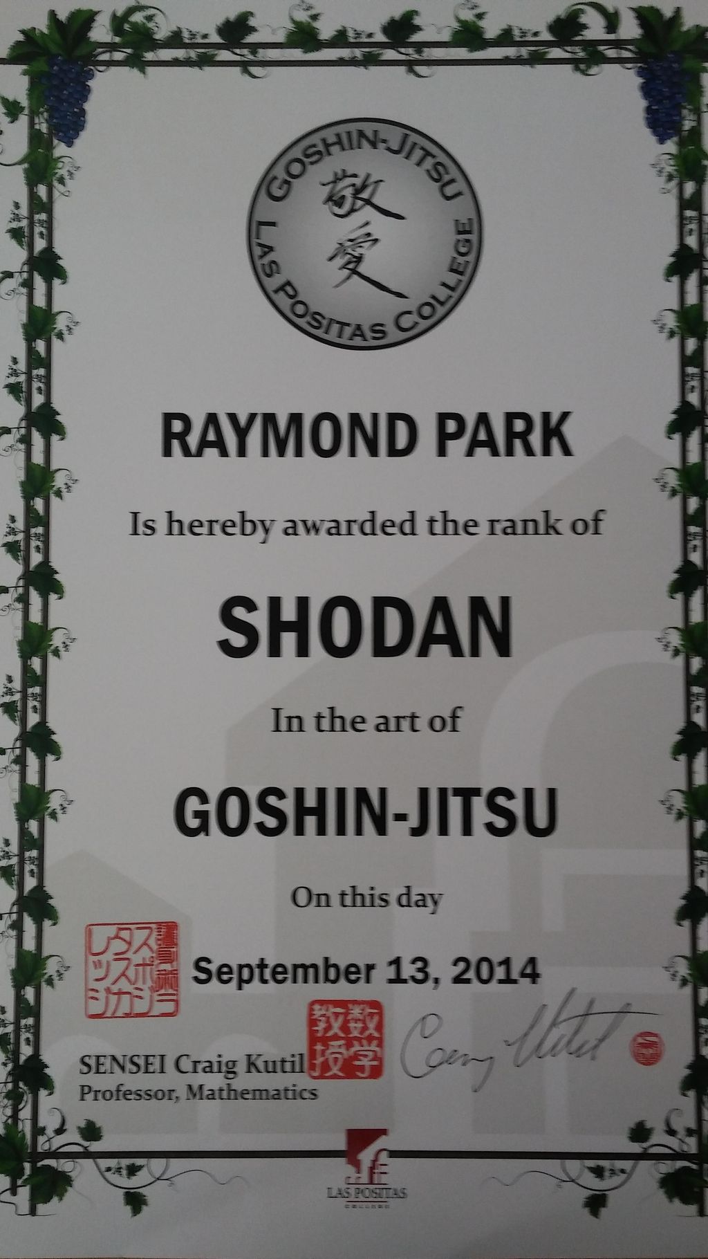 Shodan (First degree black belt) Certificate