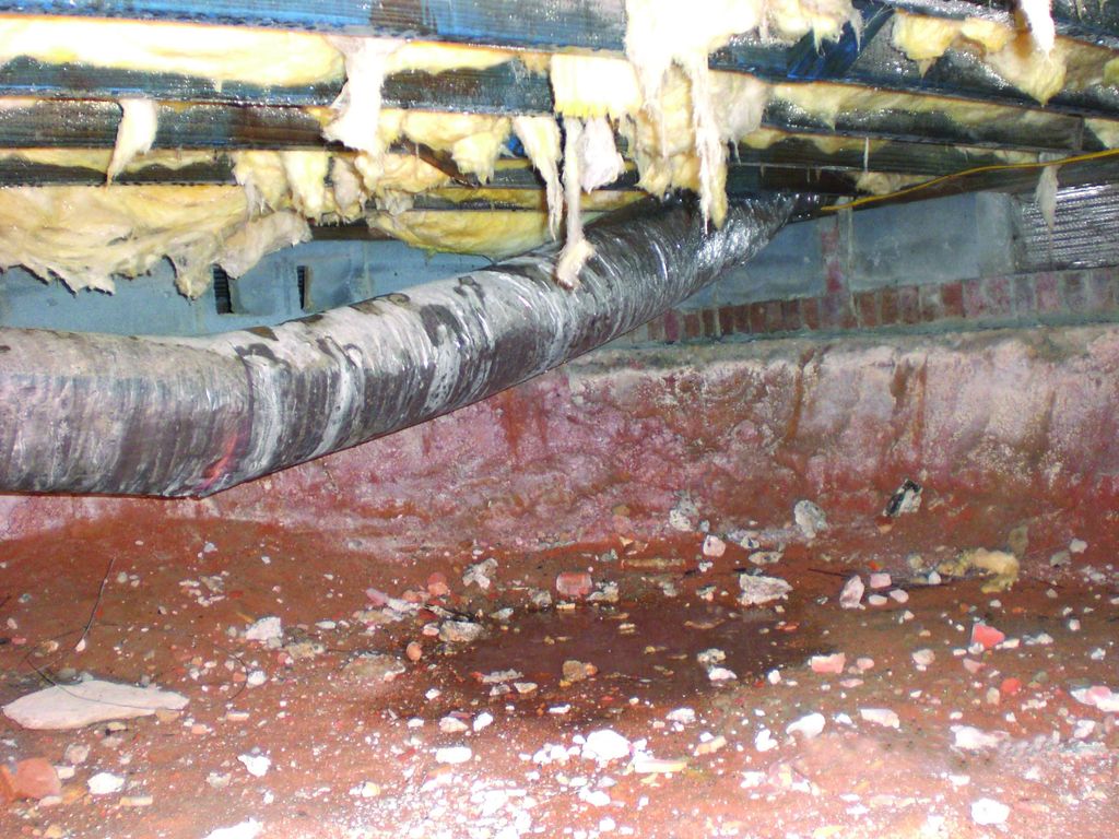 Wet crawlspace from broken plumbing pipe.