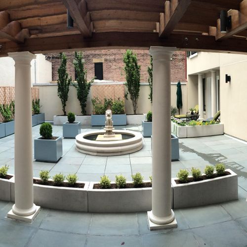 Panoramic of landscaped courtyard in Brooklyn