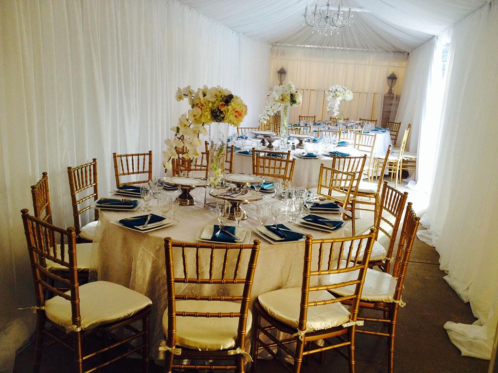 Gold Chiavari Chairs+Dinnerware+Flatware+Glassware