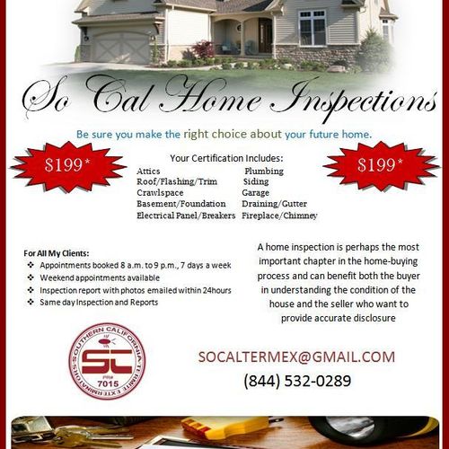 We offer Home inspections starting at $199.00