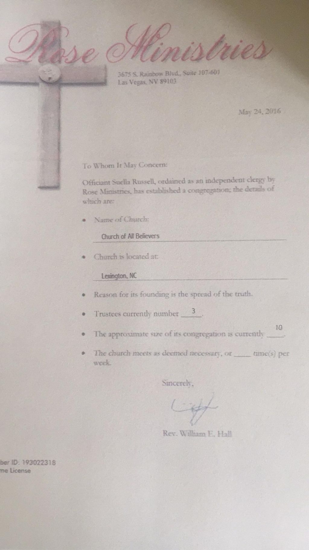 My Officiant License from Rose Ministries 