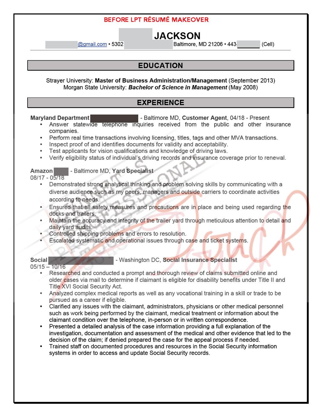 Résumé Makeover Sample - BEFORE