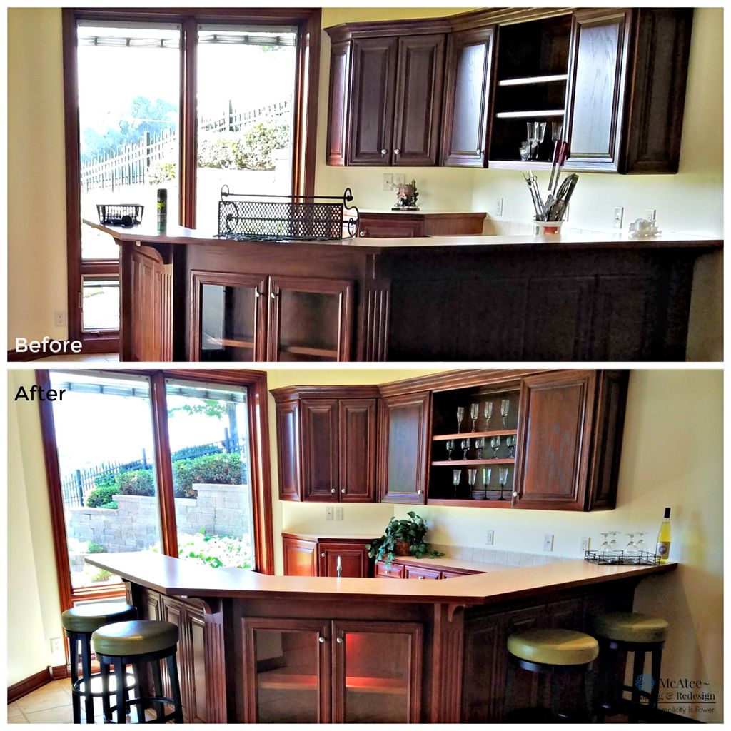 Home staging project basement bar area before and 