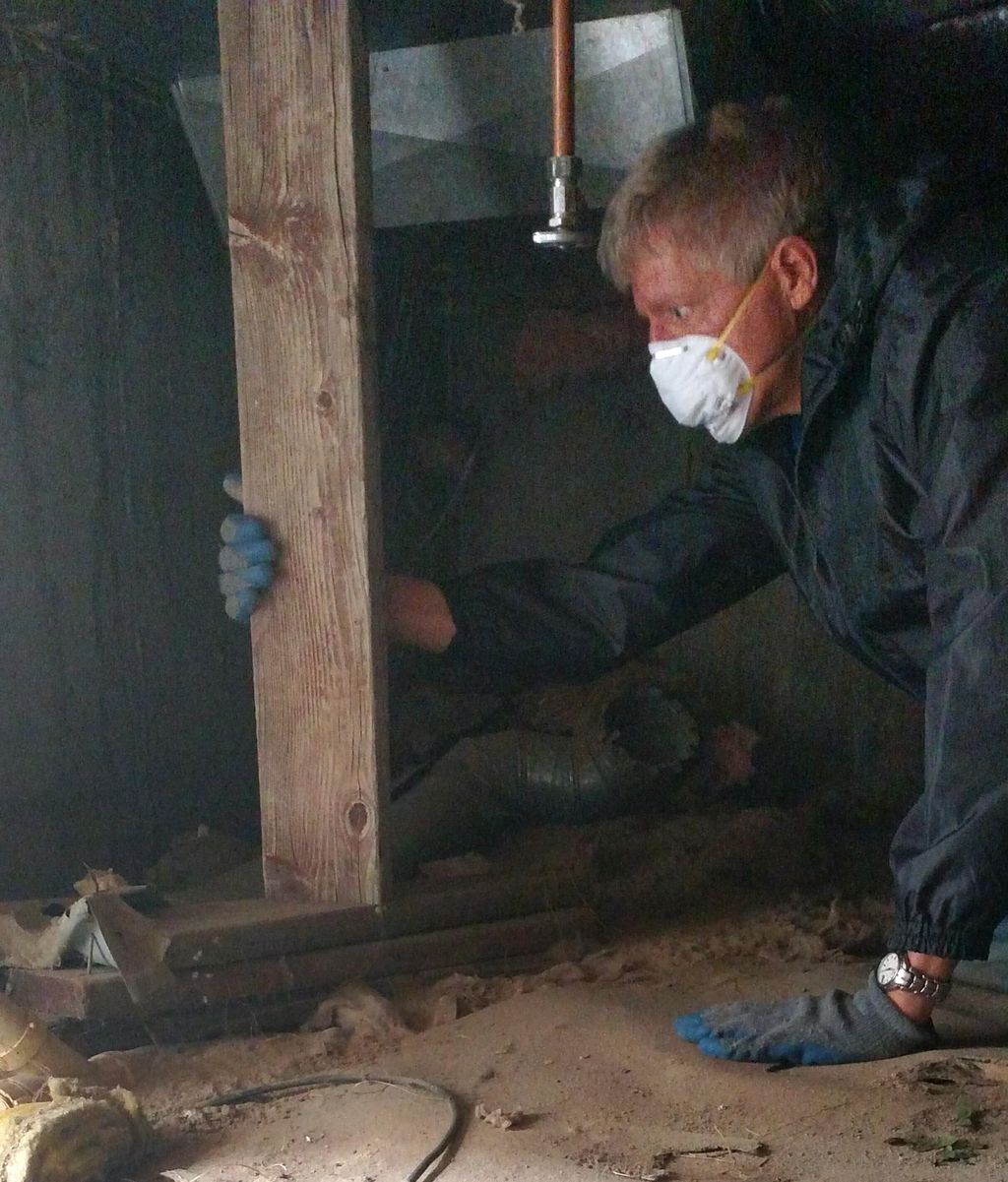 In the crawl space inspecting footings, posts, bea