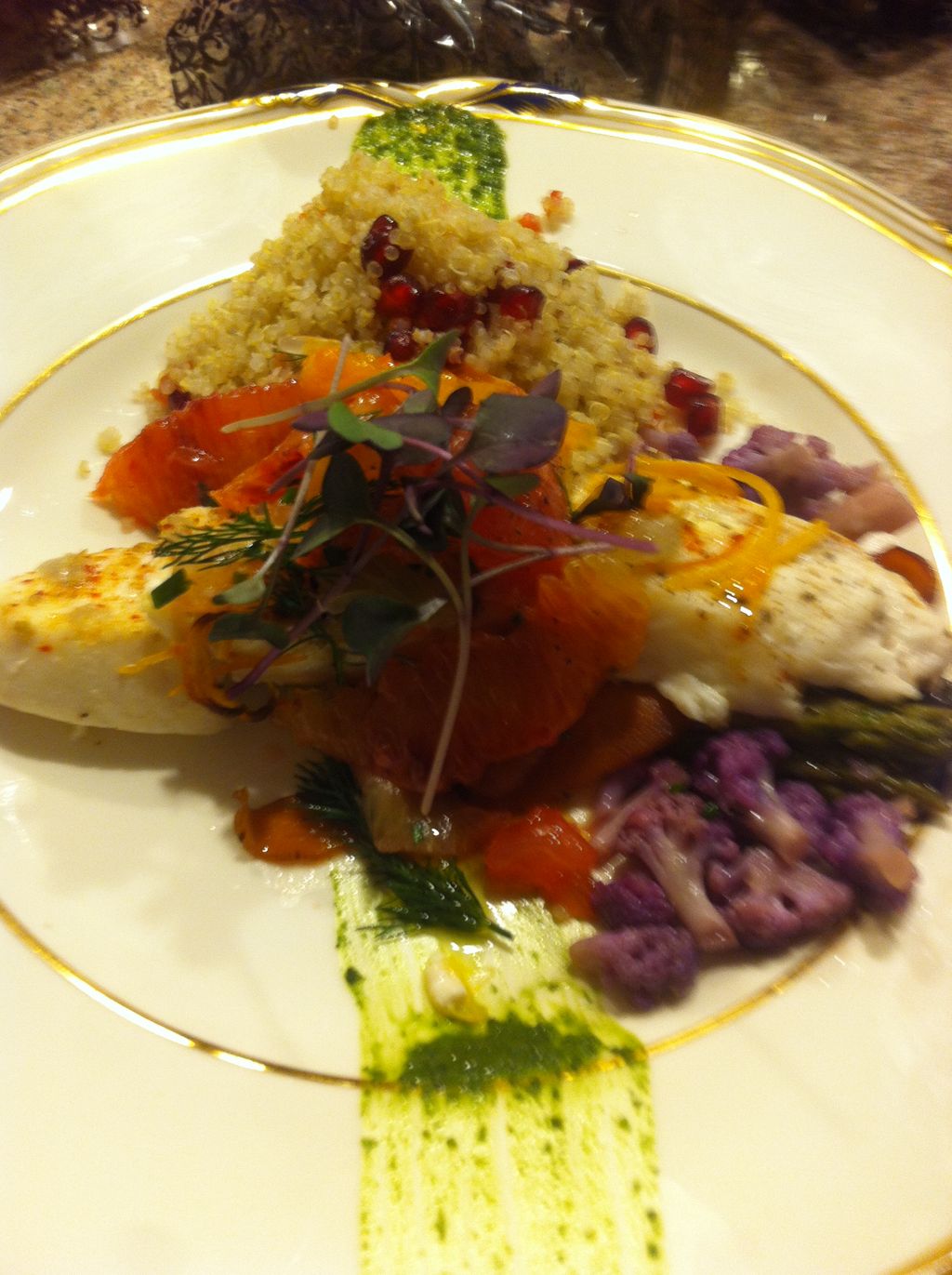 Halibut, citrus, quinoa, pomegranate, herbs