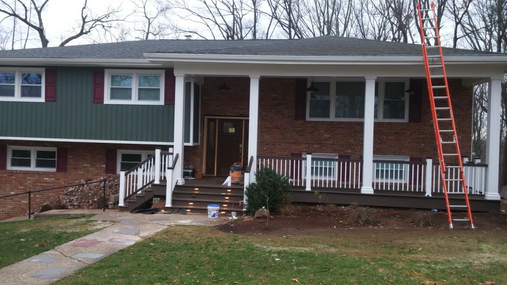 new header, columns, composite decking, railing an