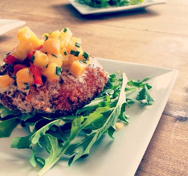 Crab Cakes topped with Mango Chutney