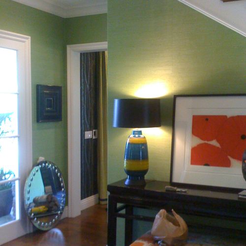 Here I installed peridot colored grasscloth by Kra