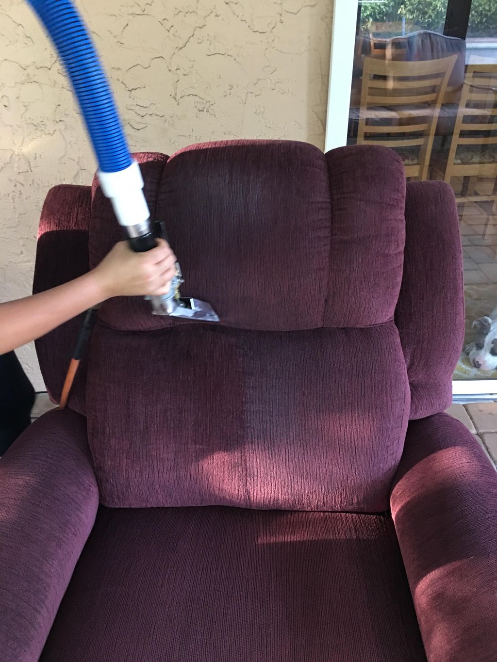 Chair seat cleaned, cleaning back rest.