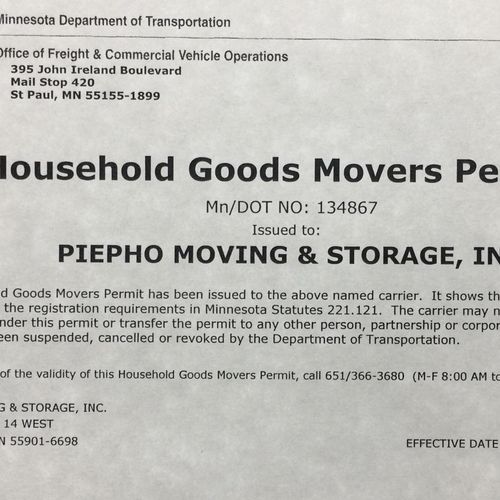 Household Goods Movers Permit.  MN DOT