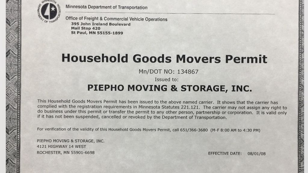 Household Goods Movers Permit.  MN DOT