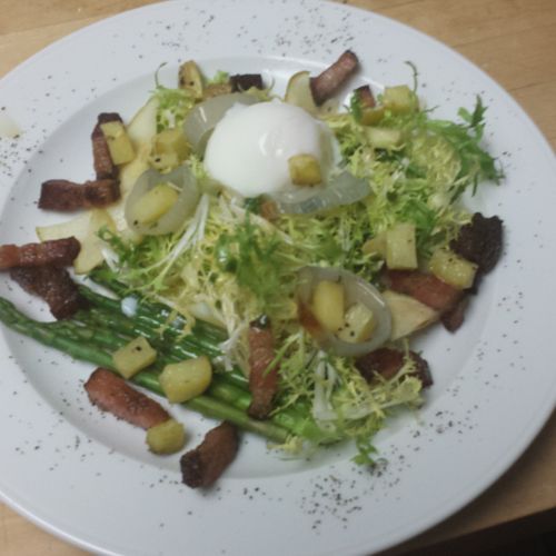 Frisee Salad with Bacon Lardon, Potato "Croutons",