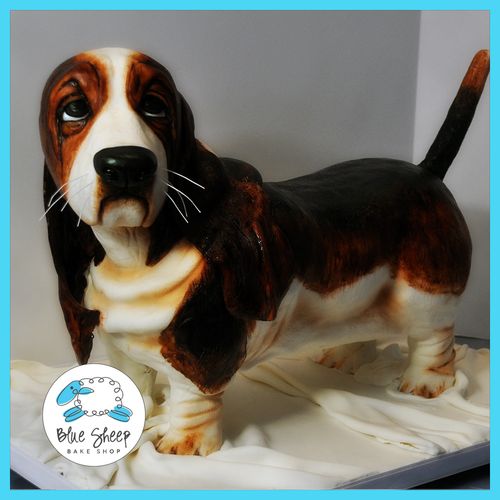Sculpted Bassett Hound dog birthday cake.