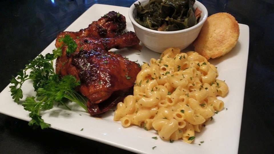 BBQ Chicken with Macaroni & Cheese, Collard Greens