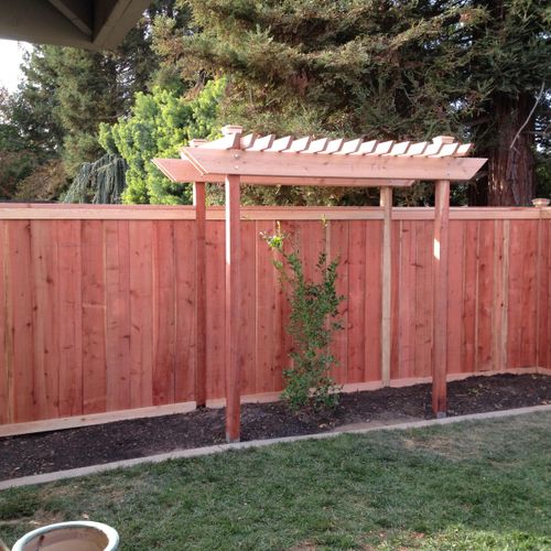 PICTURE FRAME STYLE FENCE WITH CUSTOM ARBOR