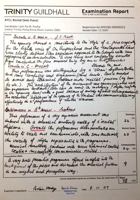 Examination Report from Trinity Guild Hall, ATCL R