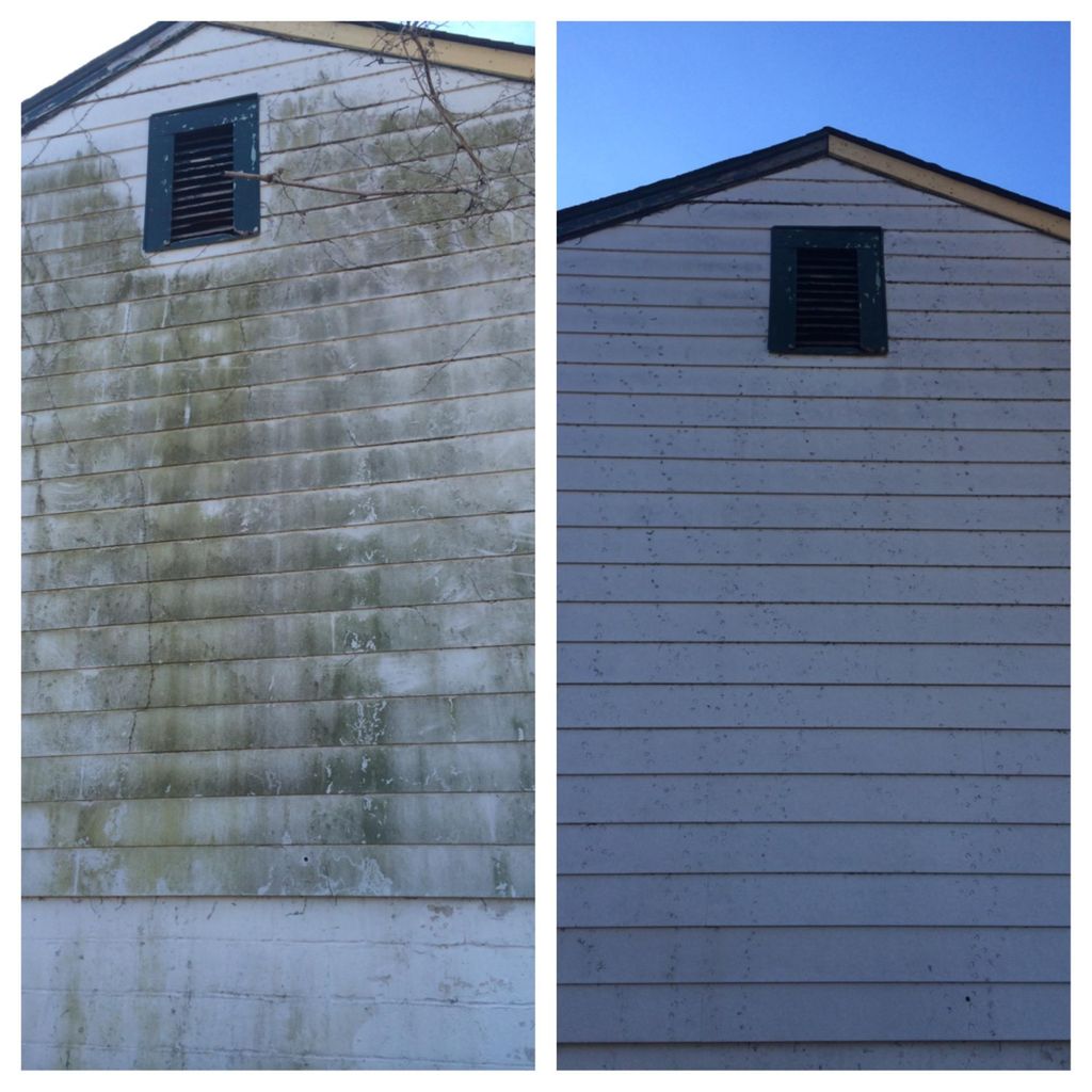 Before and after on the siding of a residential ho