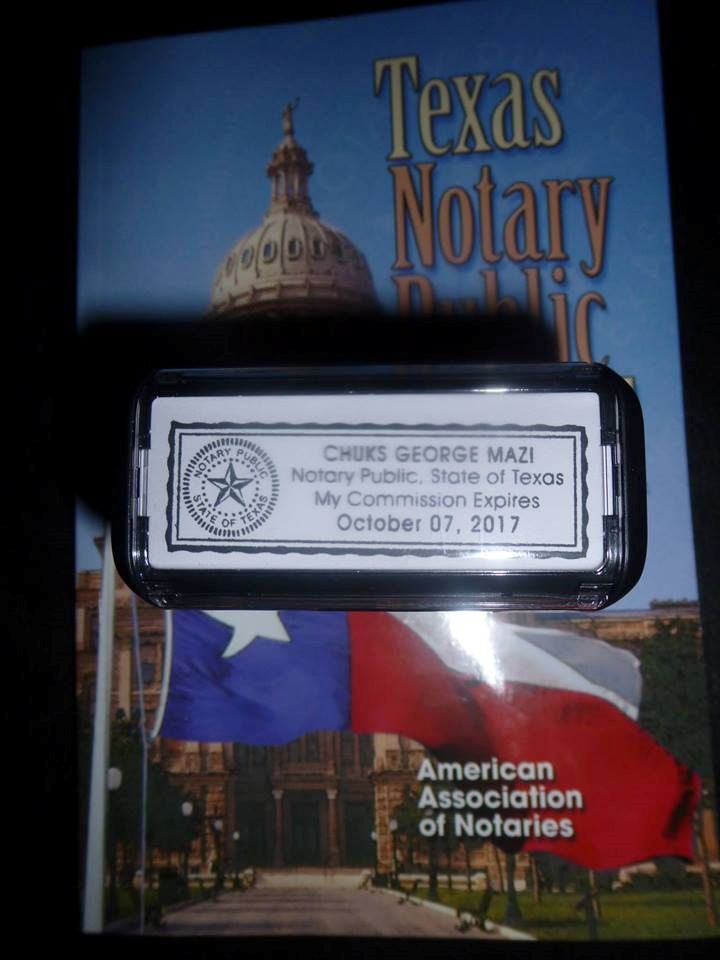 Chuks Mazi is a licensed and bonded Texas notary p