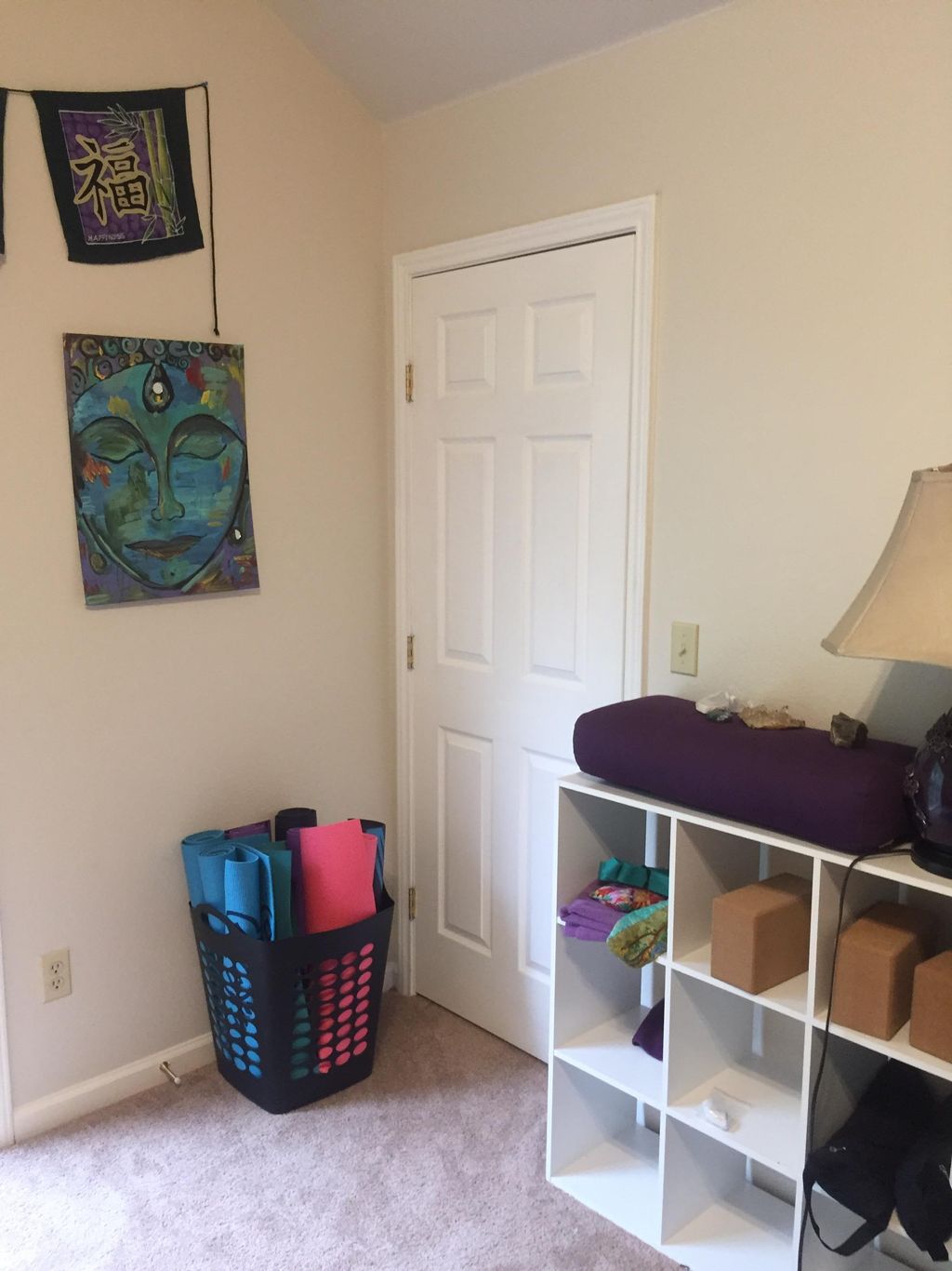 My space! Yoga props are on the right and my sweet