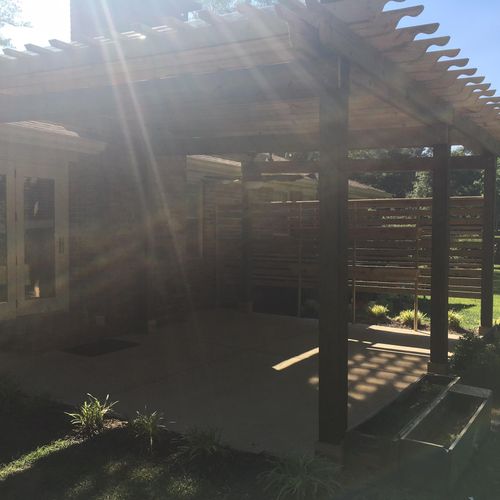 Pergola with polycarbonate roof, privacy wall with