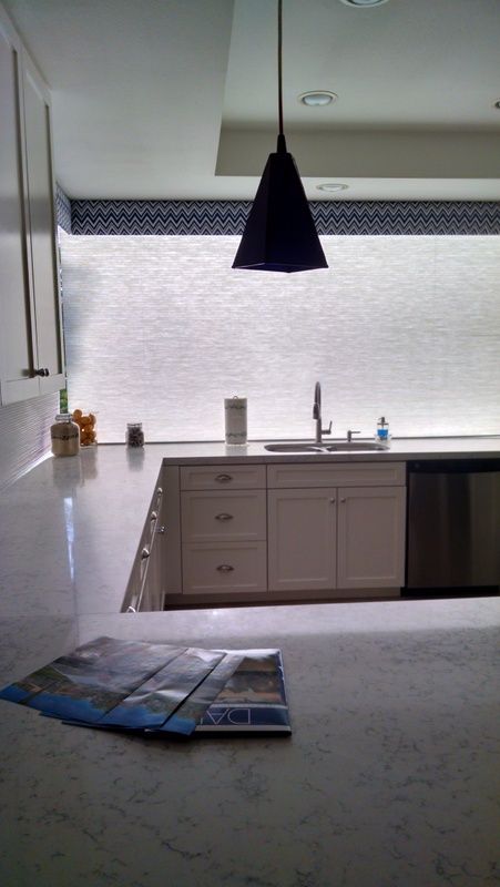 Colbolt Blue Subway Tiles, white quartz counter to