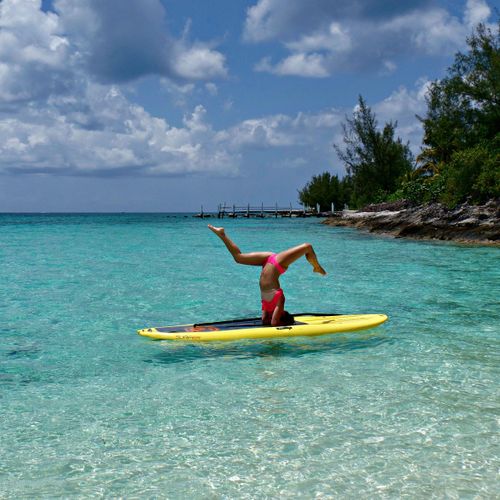 Paddle board yoga in the Bahamas.