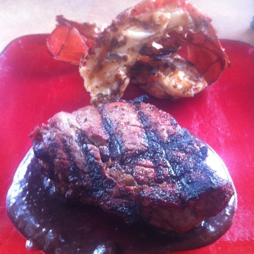 Filet with Ultimate Steak Sauce and Grilled Lobste