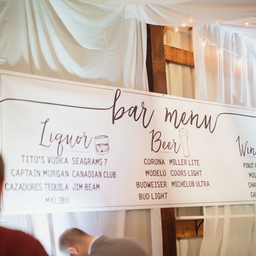 Bar menu banner for wedding reception.