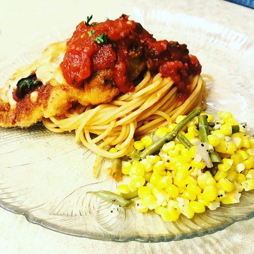 Chicken Parmesan with Corn, Shallot and Baby Frenc
