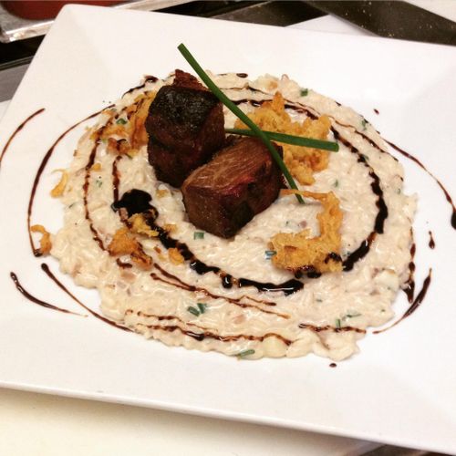 Smoked burnt brisket ends, on creamy risotto, with